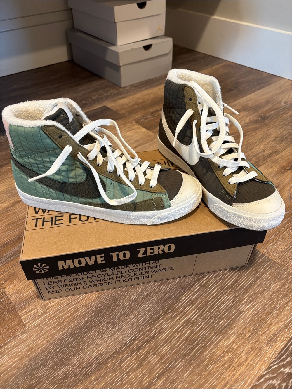 Nike Quilted Blazer Mid Sneakers in Olive Green, White and Pink
